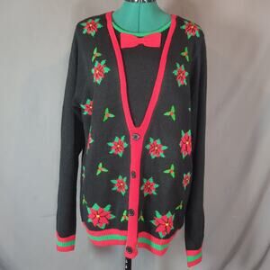 Jolly Sweaters Ugly Christmas Poinsettia Bow Tie Sweater L/G Black Red